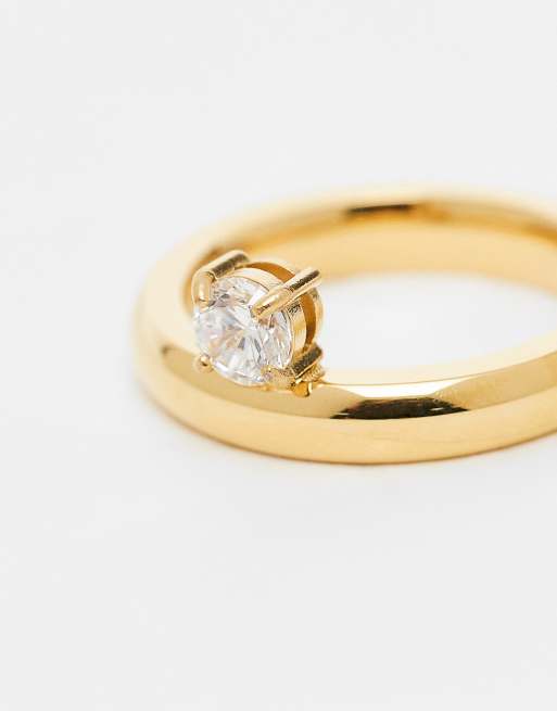 Reclaimed Vintage stainless steel ring with cubic zirconia stone in gold, 2 of 3