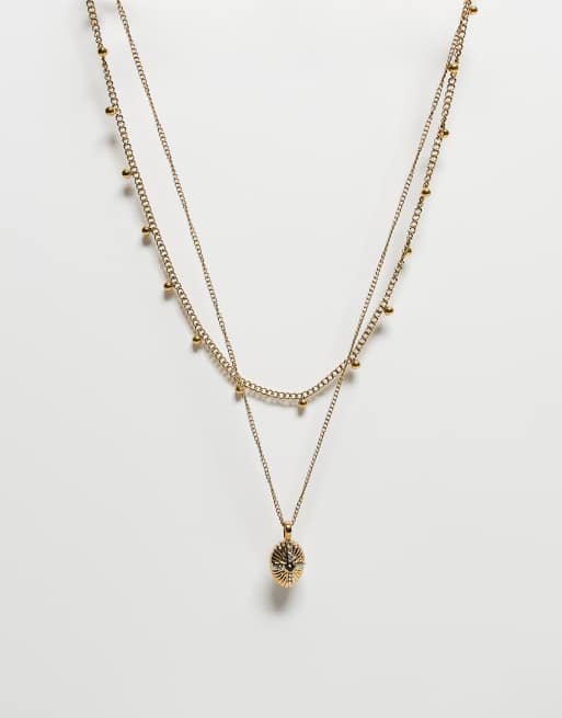 Reclaimed Vintage stainless steel waterproof 2 row necklace with pedant and cross in gold