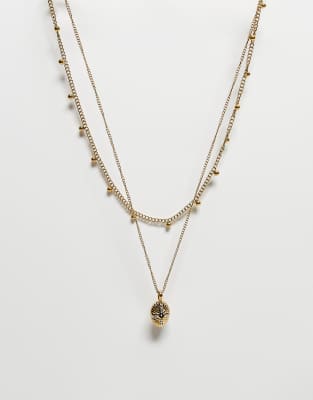 Reclaimed Vintage Stainless Steel Waterproof 2 Row Necklace With Pedant In Gold