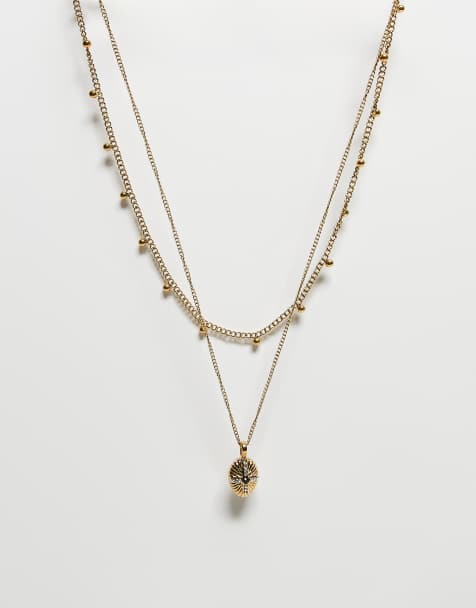 Reclaimed Vintage stainless steel waterproof 2 row necklace with pendant in gold - view 1