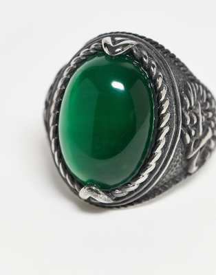 Reclaimed Vintage Stainless Steel Waterproof Gem Ring With Stone In Green