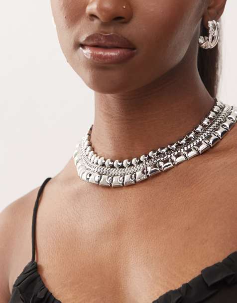 Reclaimed Vintage statement choker necklace in silver - view 1