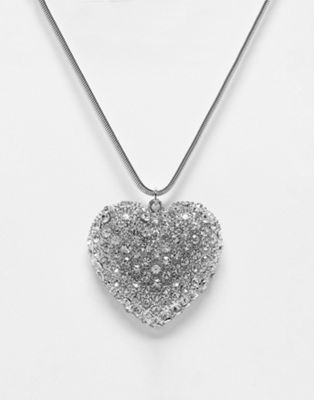 Reclaimed Vintage statement heart sparkly necklace in silver - ASOS Price Checker