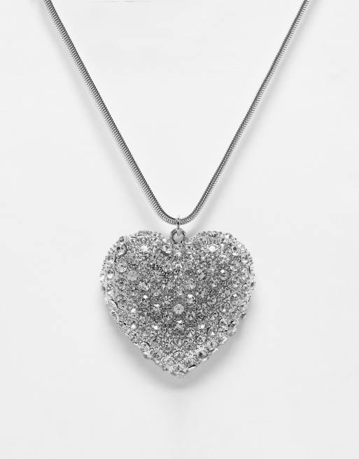 Reclaimed Vintage statement heart sparkly necklace in silver ASOS