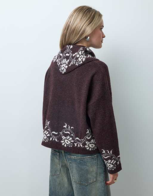 Reclaimed Vintage stickad kofta med blommigt bårdtryck i brun med scarf, 4 av 4