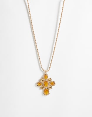 Reclaimed Vintage Stone Cross Necklace With Tonal Stone In Gold