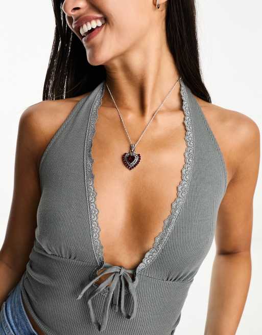 Reclaimed Vintage stone set gothic heart pendant necklace in silver, 2 of 4