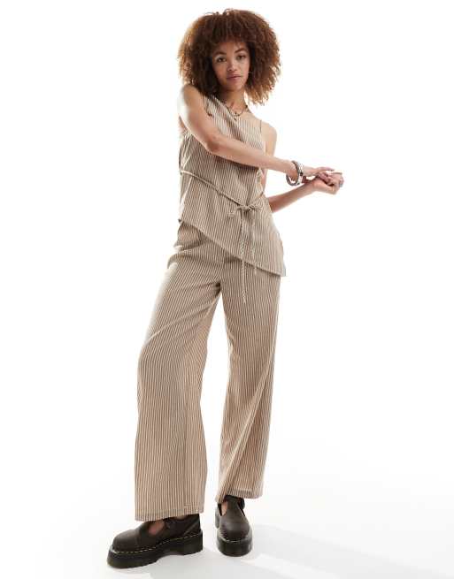 Reclaimed Vintage straight leg pants in linen look pinstripe (part of a set)