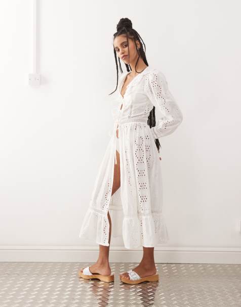 Reclaimed Vintage - Strandkaftan van broderie met striksluiting voor in wit - view 1