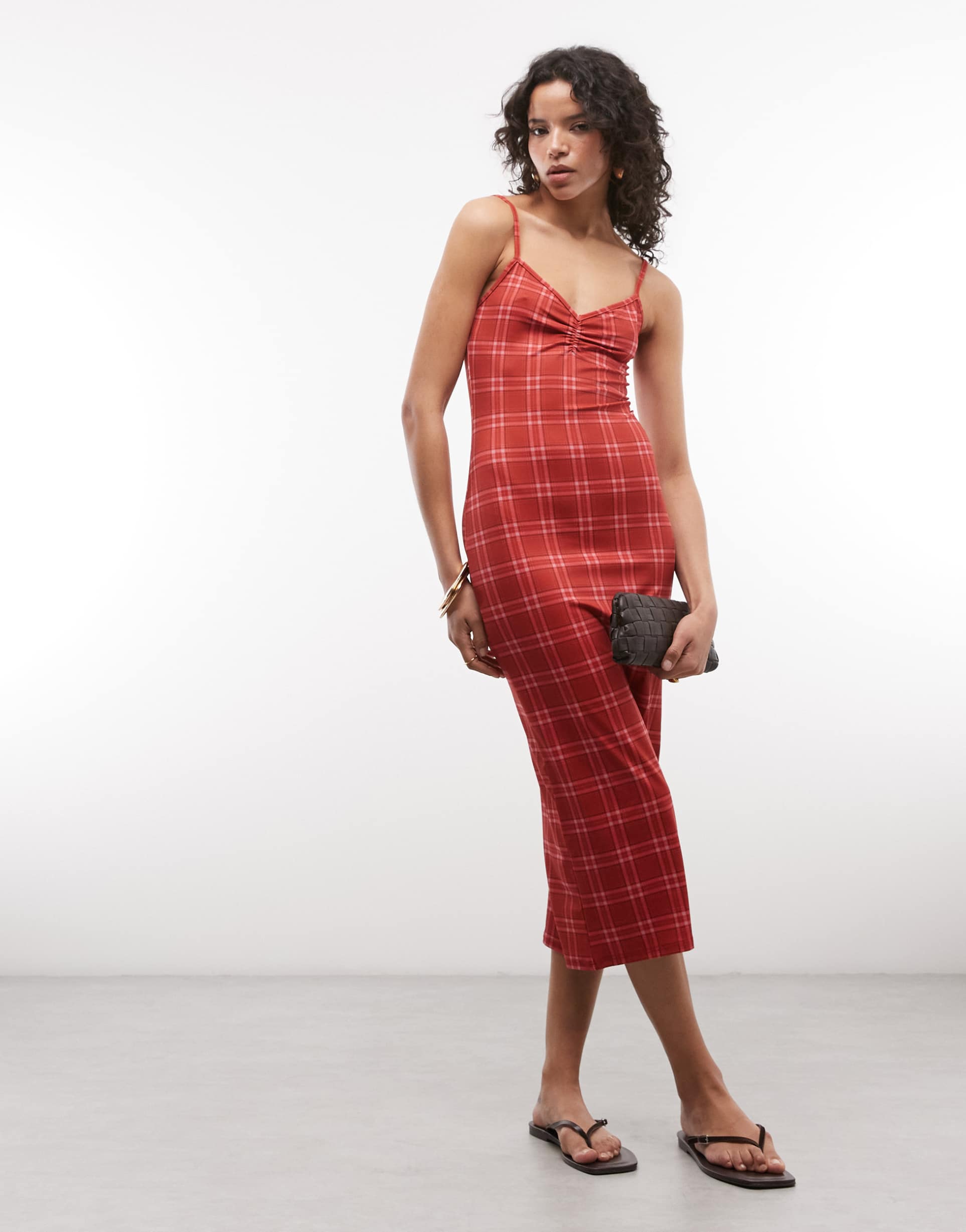reclaimed vintage strappy ruched bust midi dress in red check