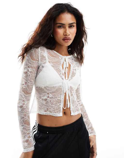Reclaimed Vintage – Strickjacke aus transparenter Spitze mit gebundener Vorderseite