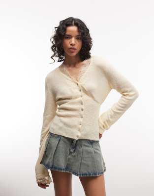Strickjacke in Buttermilchgelb mit Spitzenrand Gelb XS