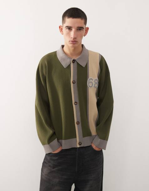 Reclaimed Vintage – Strickjacke in Tannengrün mit Details im College-Look und Kragen - view 1