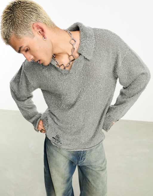 Reclaimed Vintage – Strickpullover in Grau mit Polokragen, im Used-Look