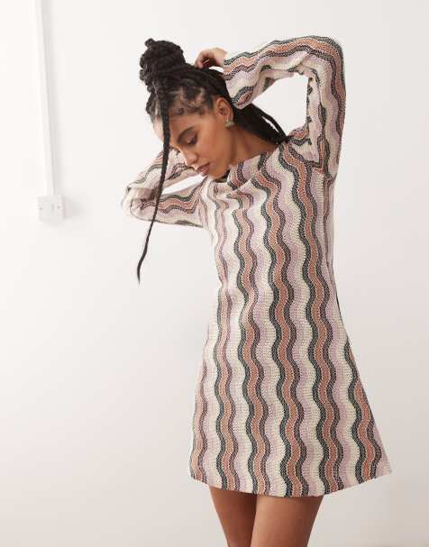 Reclaimed Vintage stripe crochet flare sleeve mini dress in multi stripe - view 1