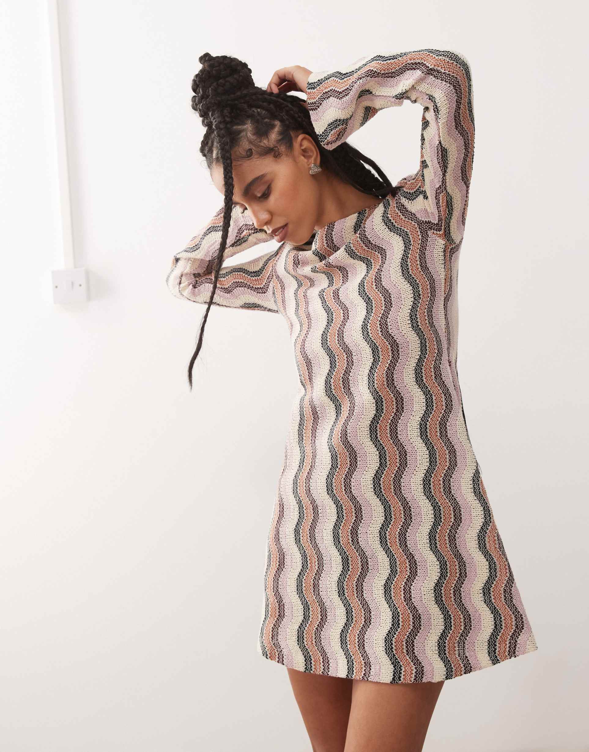 reclaimed vintage stripe crochet flare sleeve mini dress in multi stripe