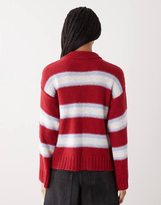 Reclaimed Vintage stripe flare sleeve jumper with collar detail in red, 3 of 4