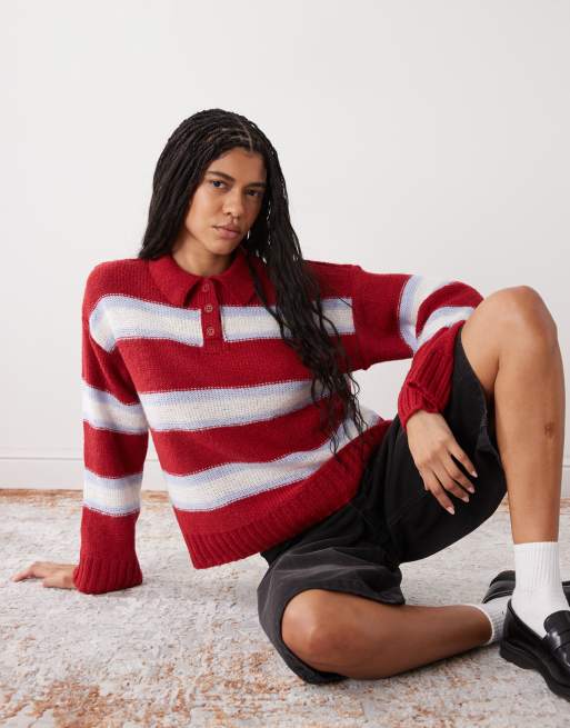 Reclaimed Vintage stripe flare sleeve jumper with collar detail in red, 4 of 4