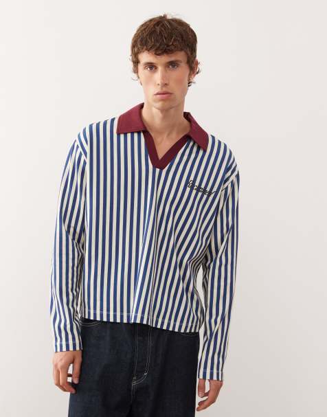 Reclaimed Vintage stripe football polo in blue and white with branding graphic - view 1