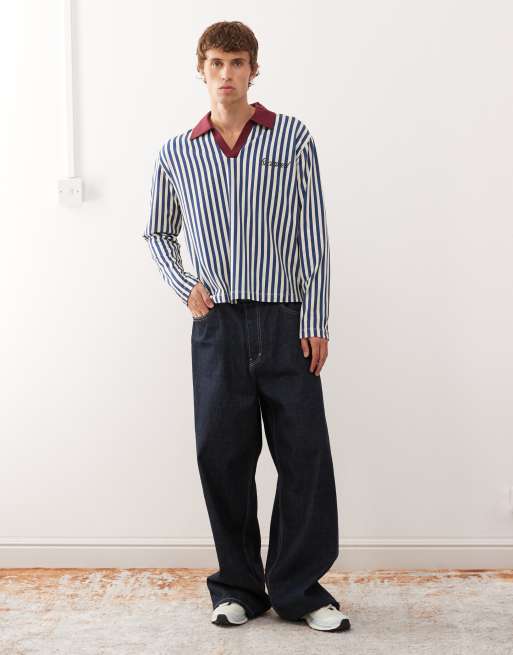 Reclaimed Vintage stripe football polo in blue and white with branding graphic