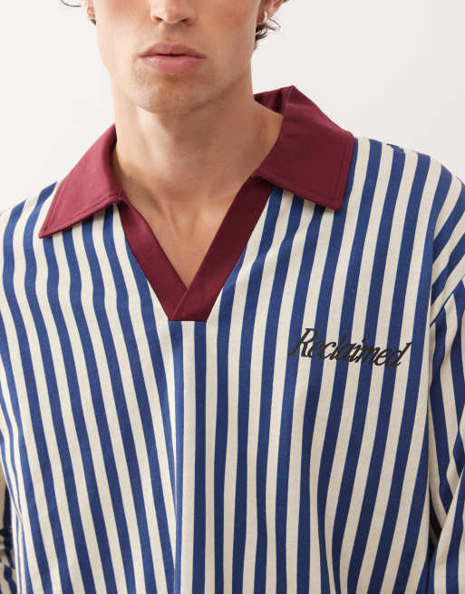 Reclaimed Vintage stripe football polo in blue and white with branding graphic