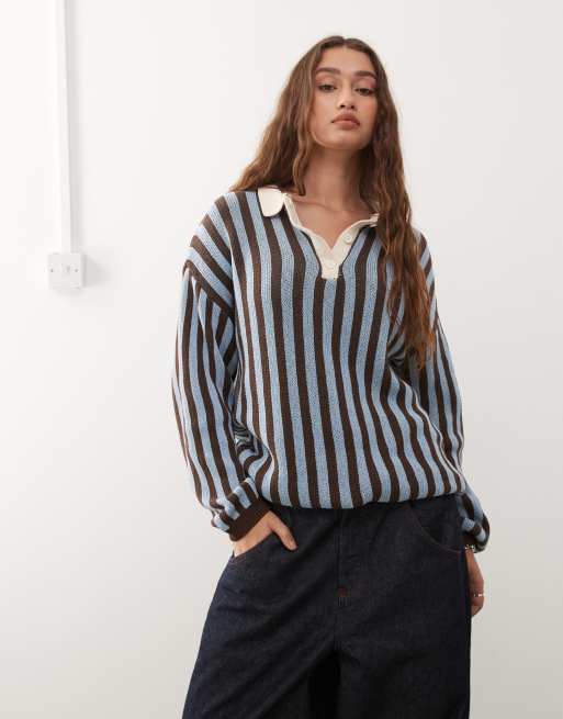 Reclaimed Vintage stripe knitted polo jumper in brown and blue