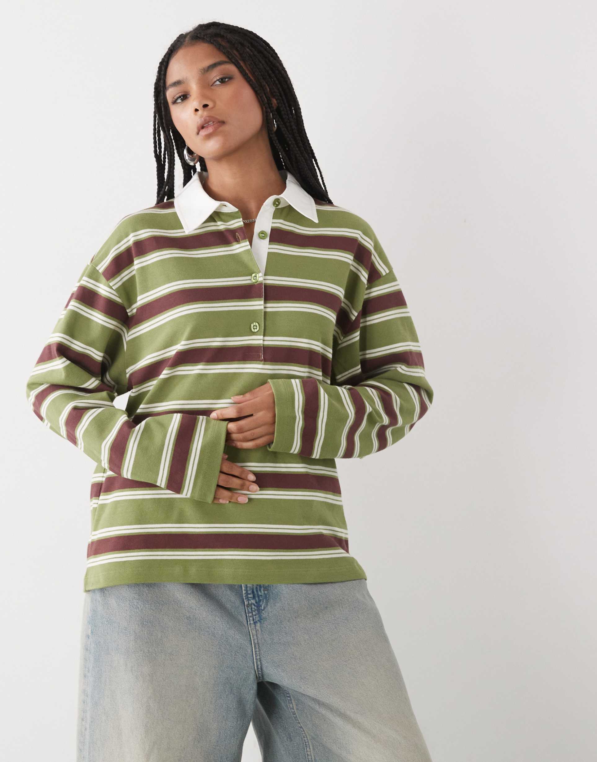 reclaimed vintage stripe rugby long sleeve polo in green and brown