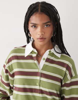 Reclaimed Vintage Stripe Rugby Long Sleeve Polo In Green