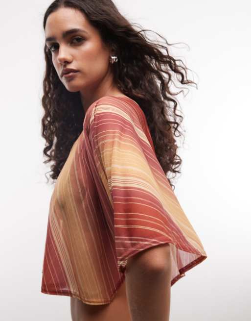 Reclaimed vintage stripe sheer cape top in sunset orange, 3 of 4