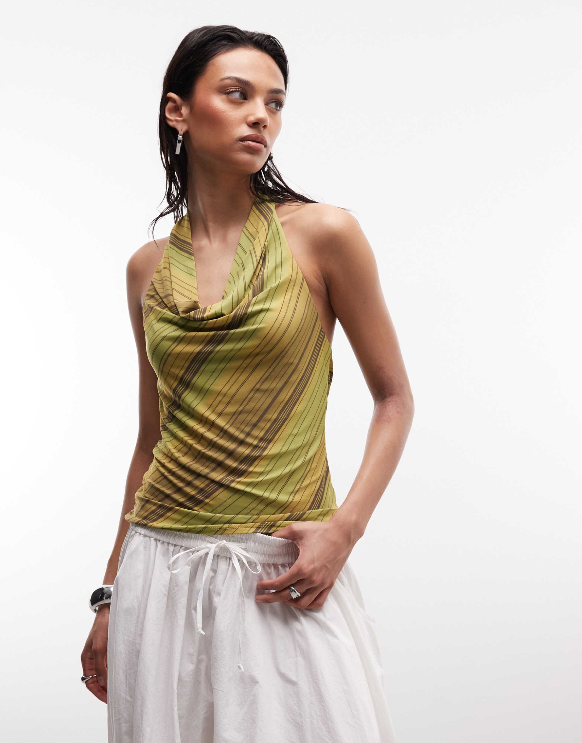 reclaimed vintage stripe slinky halter top in green