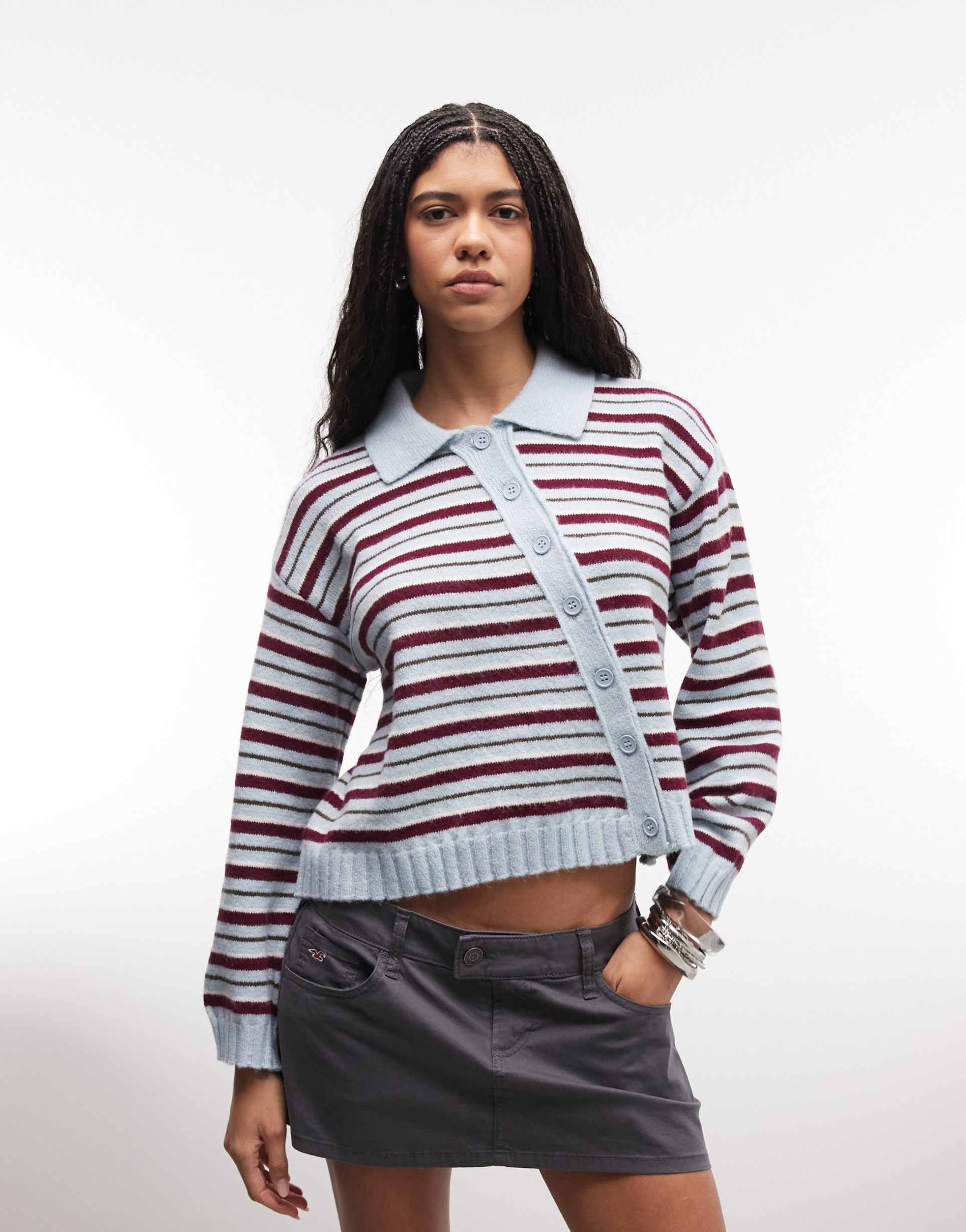 reclaimed vintage striped asymmetric cardigan in pink and blue stripes