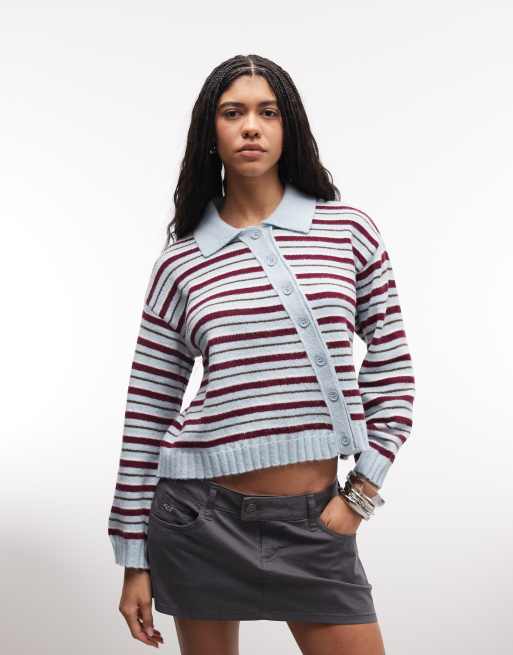 Reclaimed Vintage striped asymmetric cardigan in pink and blue 