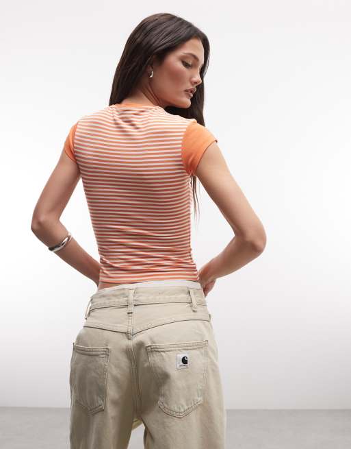 Reclaimed Vintage striped cap sleeve tee in orange stripe, 4 of 4