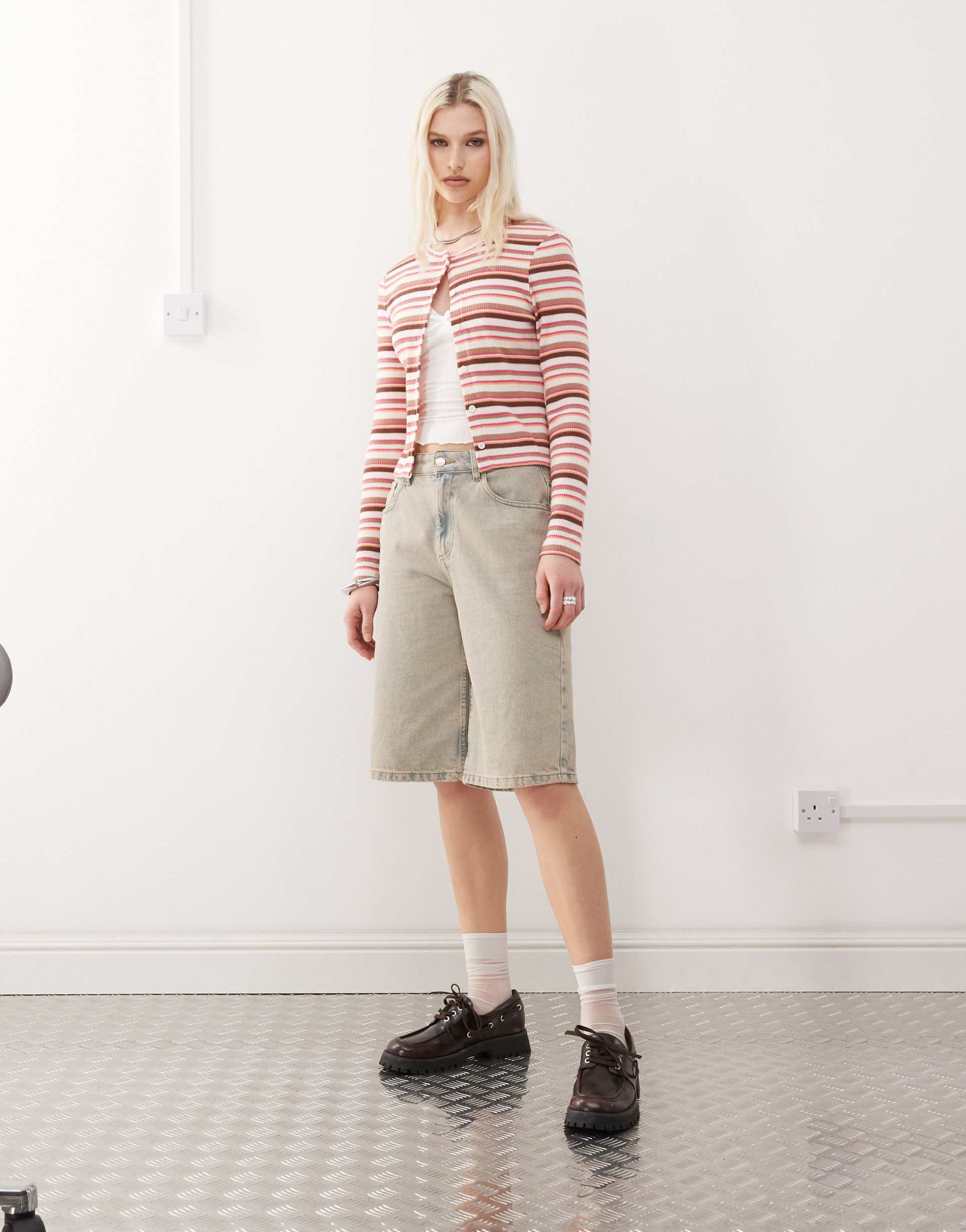reclaimed vintage striped cardigan in pink