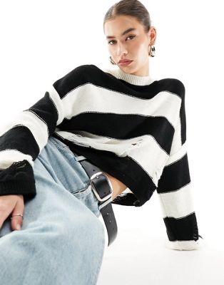 Reclaimed Vintage striped crop jumper with distressing in mono - ASOS Price Checker