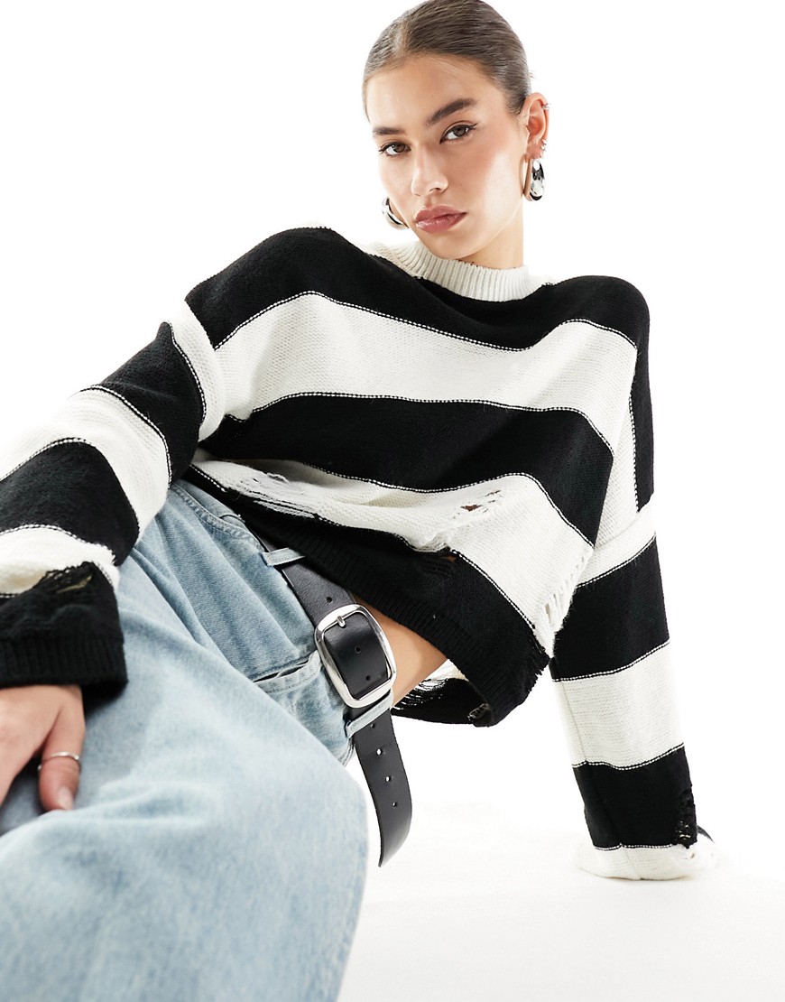 Reclaimed Vintage striped crop jumper with distressing in mono-Black