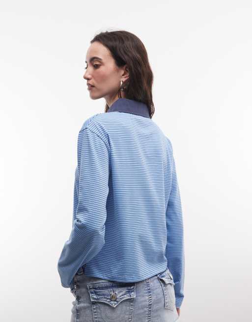 Reclaimed Vintage striped fitted henley jersey top in blue, 4 of 4