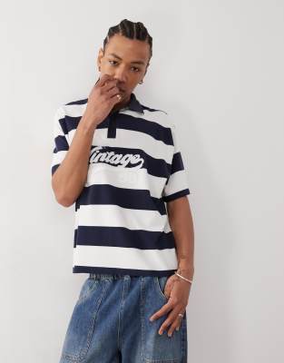 Reclaimed Vintage Striped Pique Polo Shirt With Graphic In Navy