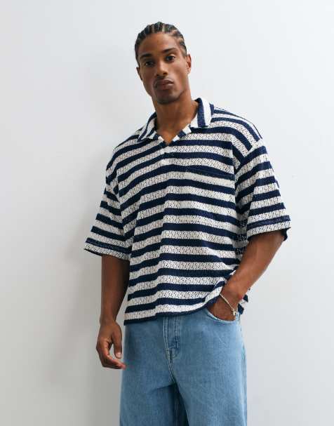 Reclaimed Vintage striped polo in navy and ecru stripe - view 1