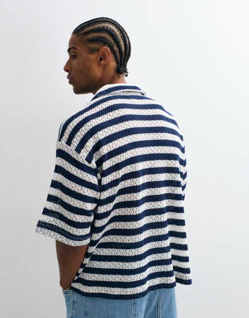 Reclaimed Vintage striped polo in navy and ecru stripe, 4 of 10