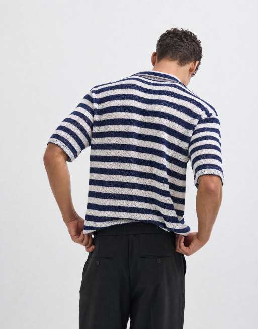 Reclaimed Vintage striped polo in navy and ecru stripe, 9 of 10