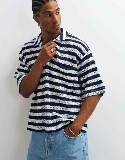 Reclaimed Vintage striped polo in navy and ecru stripes, 3 of 10