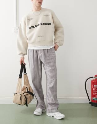 striped pull on pants in gray stripe-Blue