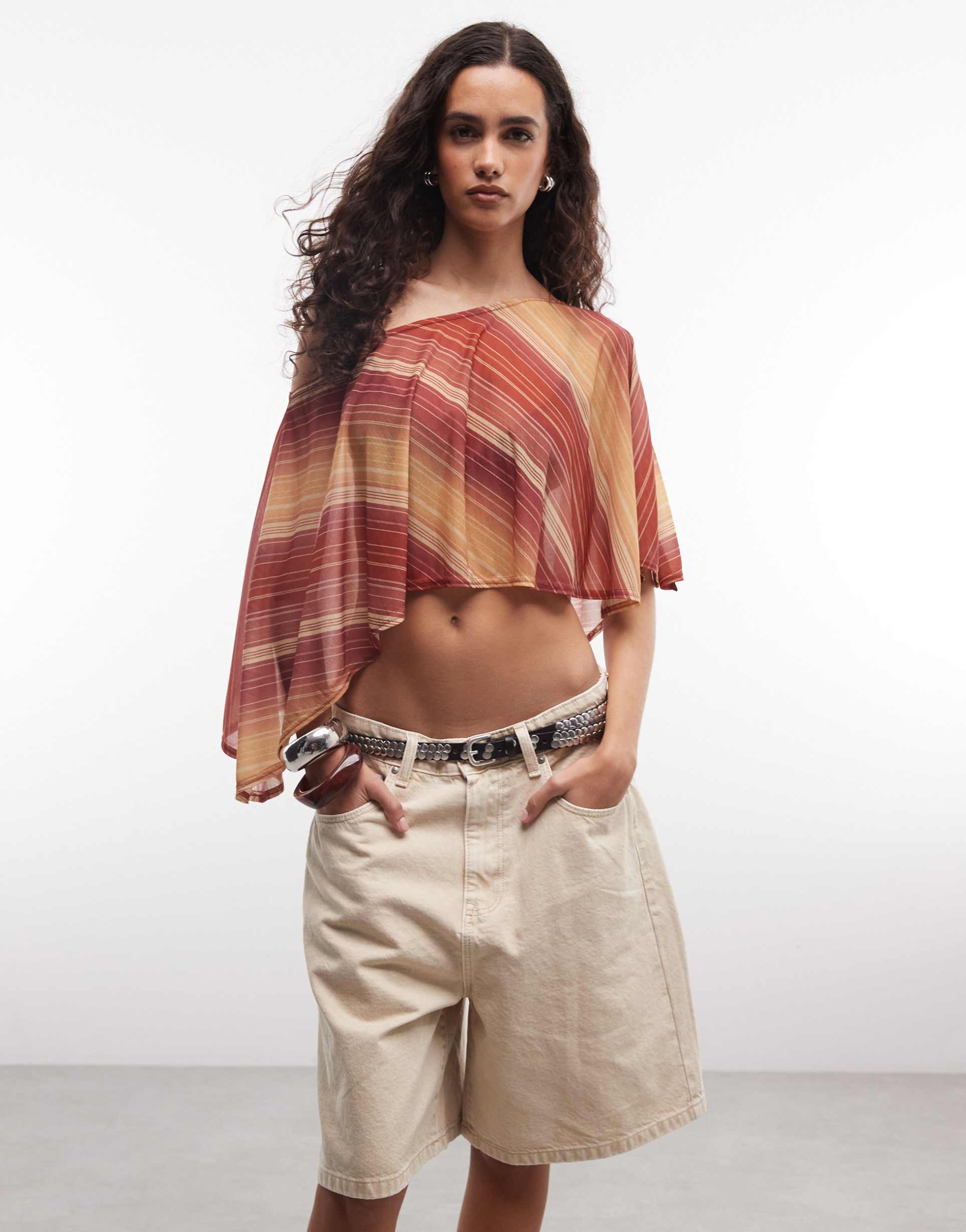 reclaimed vintage striped sheer cape top in sunset orange