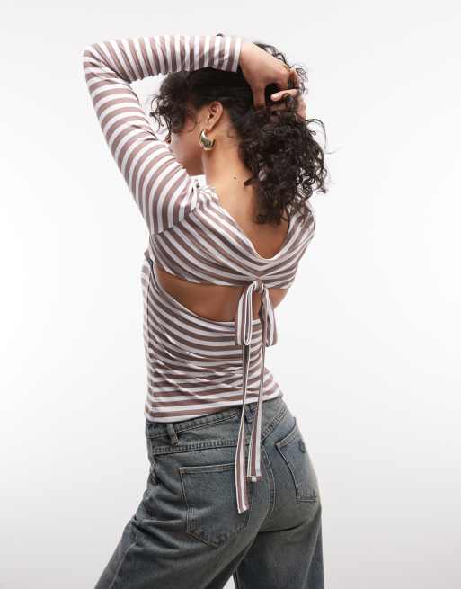 Reclaimed Vintage striped tie back top in brown stripe