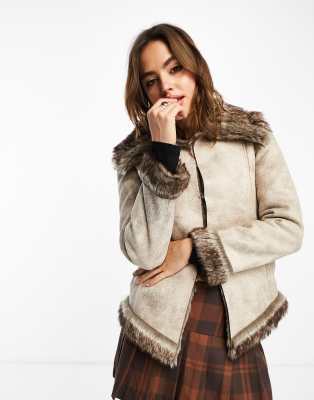 suede faux fur trim jacket in gray