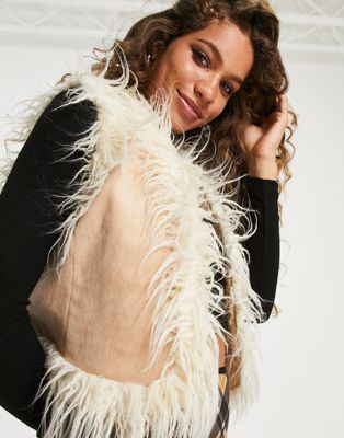 Reclaimed Vintage suedette gilet in tan with faux fur - ASOS Price Checker
