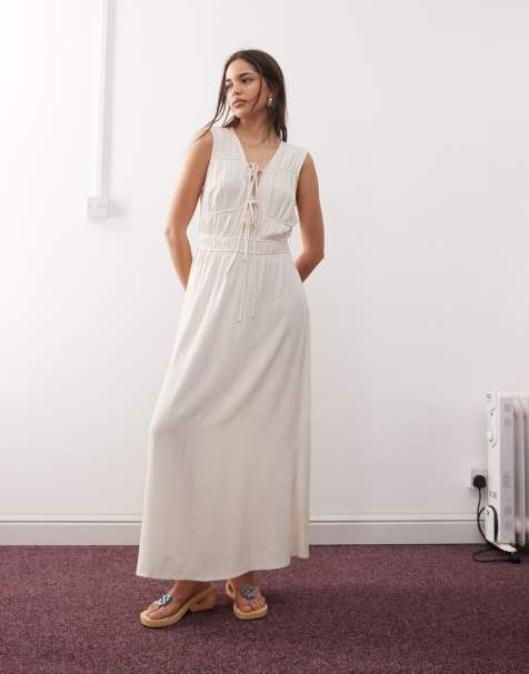 Reclaimed Vintage maxi linen blend sun dress with ruching and ties in ecru