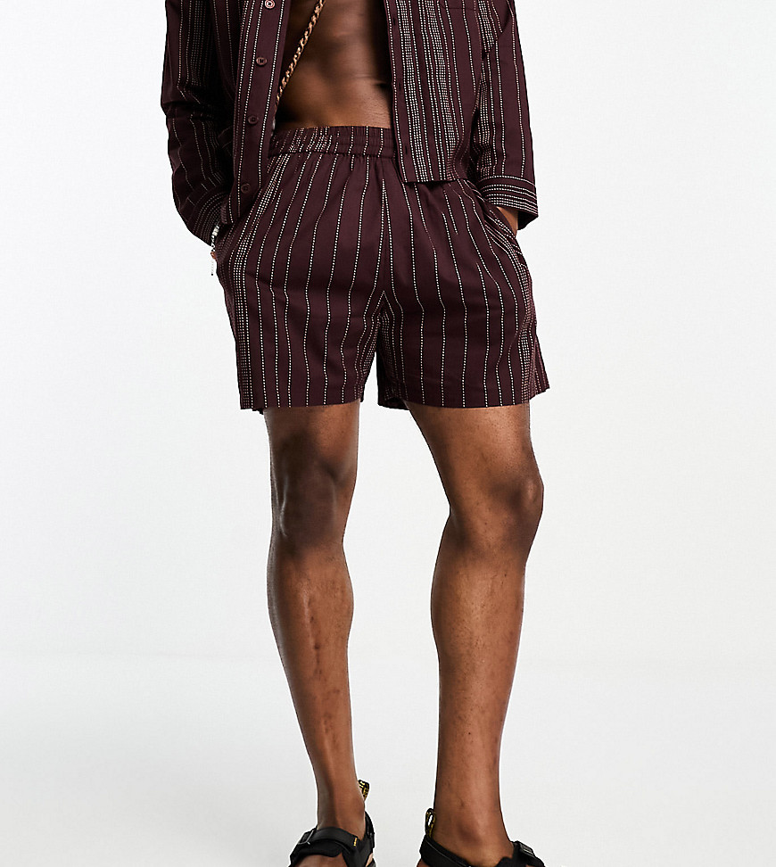 Reclaimed Vintage summer shorts co-ord with stripe embroidery in burgundy-Red