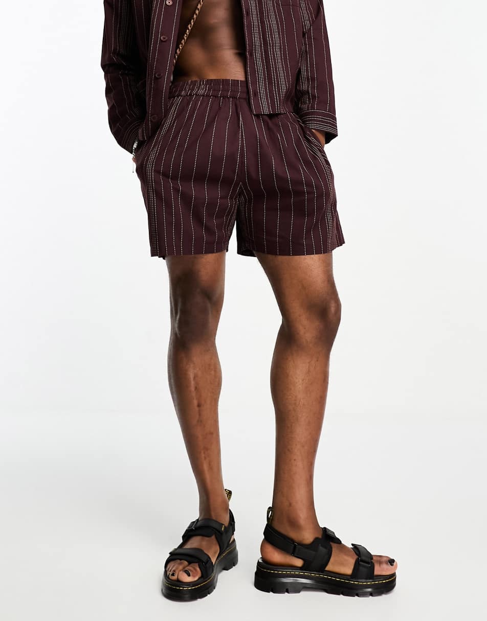 Reclaimed Vintage summer shorts co-ord with stripe embroidery in burgundy